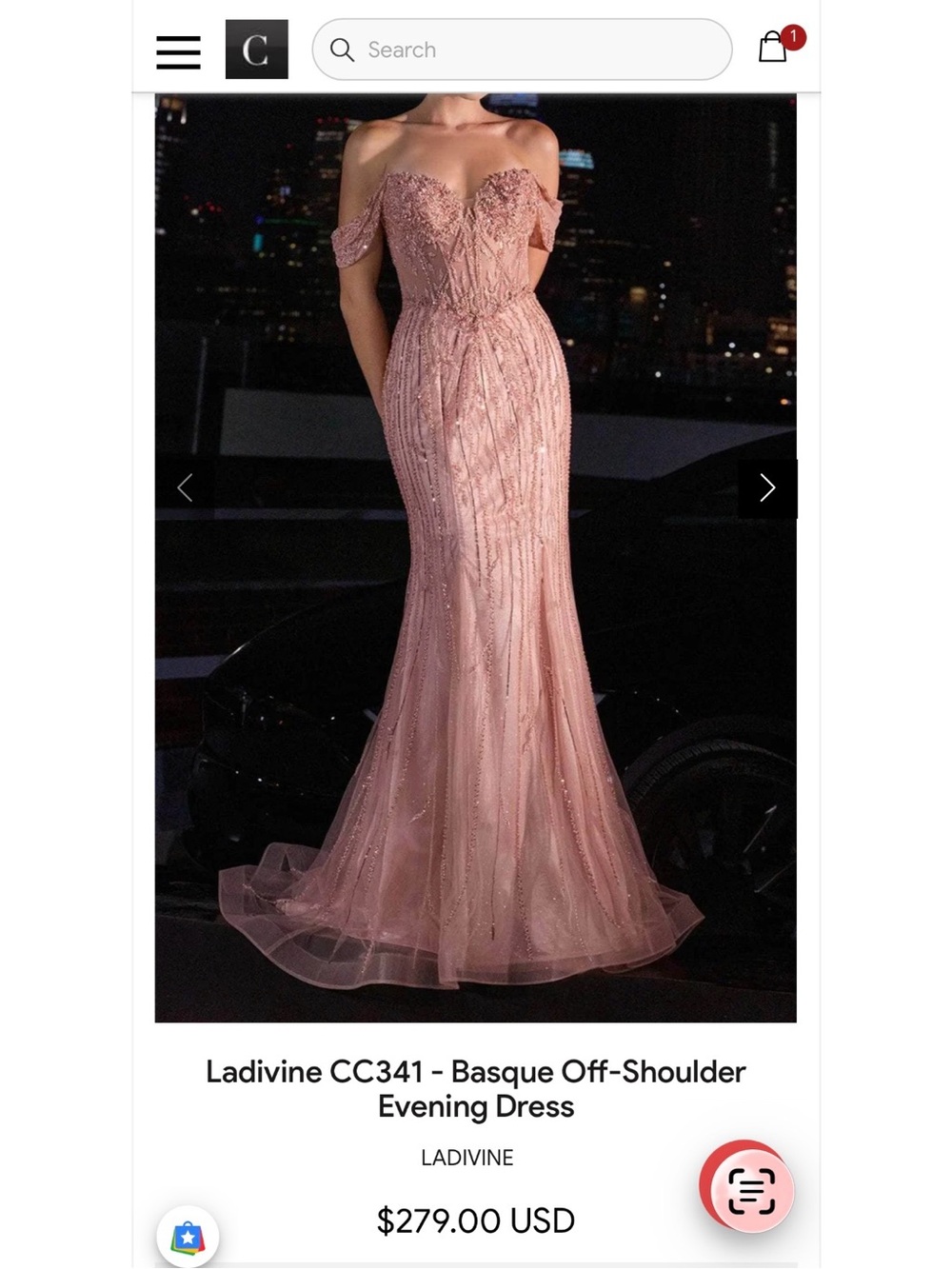 Ladivine Basque Off-Shoulder Beaded Evening Dress in Blush